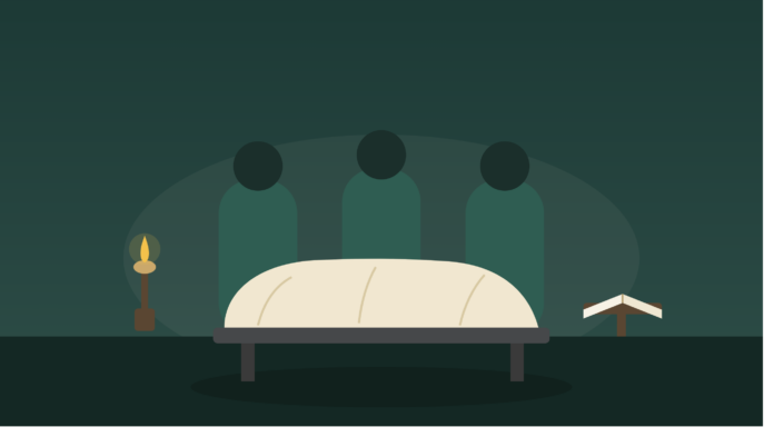 Original illustration in a quiet, editorial style — a draped table flanked by silhouetted students with heads bowed, a small oil lamp, and an open oath book, evoking dignity and the 